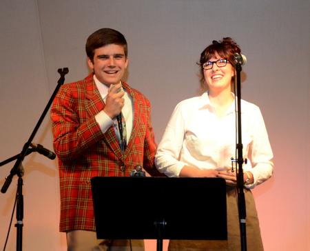 Joey Davis, junior business administration major, and Abigail Ebensberger, senior Christian studies major, host the freshman Open Mic night during Focus Weekend. - Photo by Ebbie Davis