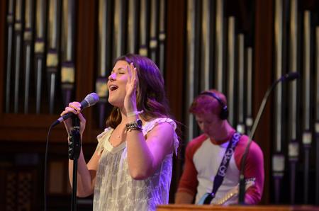 Bethany Gaines, sophomore elementary education major, leads music  with the chapel band in the G.M. Savage Memorial Chapel. - Photo by Jacob Moore