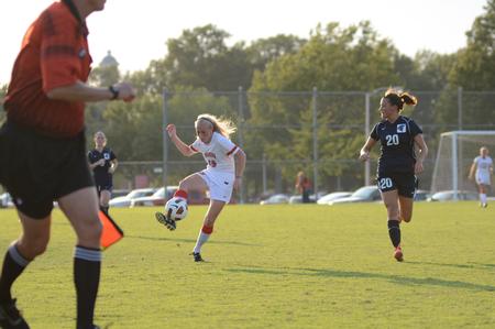 Lady Bulldog Kelsey Gilbert sends the ball down the field during a home soccer game against Missouri Baptist. - Photo by Jacob Moore