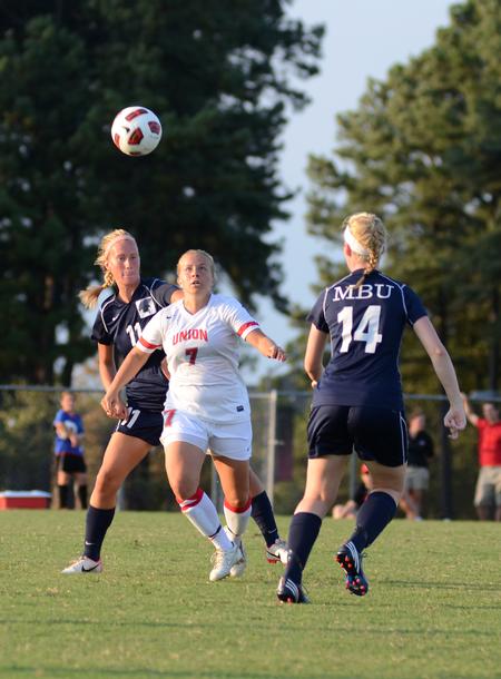 Lady Bulldog Dionna Linn goes for the ball during a home soccer game against the Spartans of Missouri Baptist. - Photo by Jacob Moore