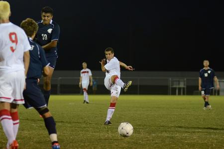 Bulldog Guilherme Dorigo sends the ball toward the goal during a home soccer game against Missouri Baptist. - Photo by Jacob Moore