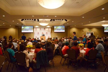 Kimberly Thornbury, senior vice president for student services and dean of students, speaks to students and their families during the President's Brunch, a Family Weekend activity, in the Carl Grant Event Center. - Photo by Zac Calvert