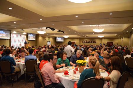 David S. Dockery, president of the university, presents the State of the Union address to students and their families during the President's Brunch, a Family Weekend activity, in the Carl Grant Event Center. - Photo by Zac Calvert