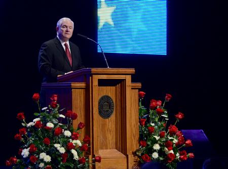 Robert M. Gates, former U.S. secretary of defense, addresses the audience at The 15th Annual Scholarship Banquet about the state of the U.S. military and conflicts internationally.   - Photo by Ebbie Davis