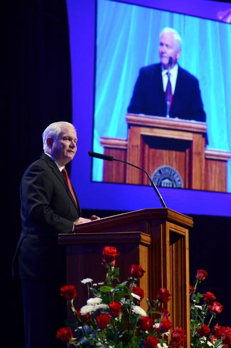Robert M. Gates, former U.S. secretary of defense, speaks at the 15th Annual Scholarship Banquet held at the Carl Perkins Civic Center.  - Photo by Jacob Moore