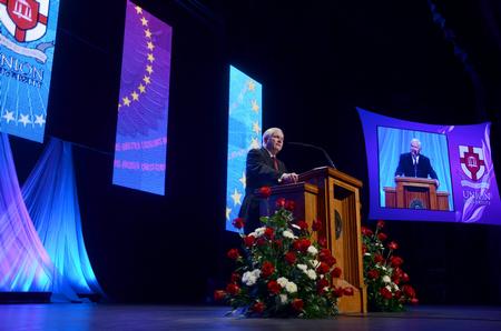 Robert M. Gates, former U.S. secretary of defense, speaks at the 15th Annual Scholarship Banquet held at the Carl Perkins Civic Center.  - Photo by Jacob Moore