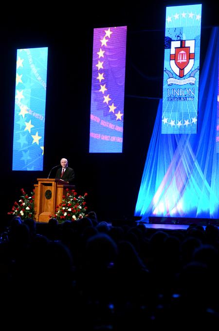 Robert M. Gates, former secretary of defense, was the keynote speaker for the 15th Annual Scholarship Banquet at the Carl Perkins Civic Center. - Photo by Anne Richoux