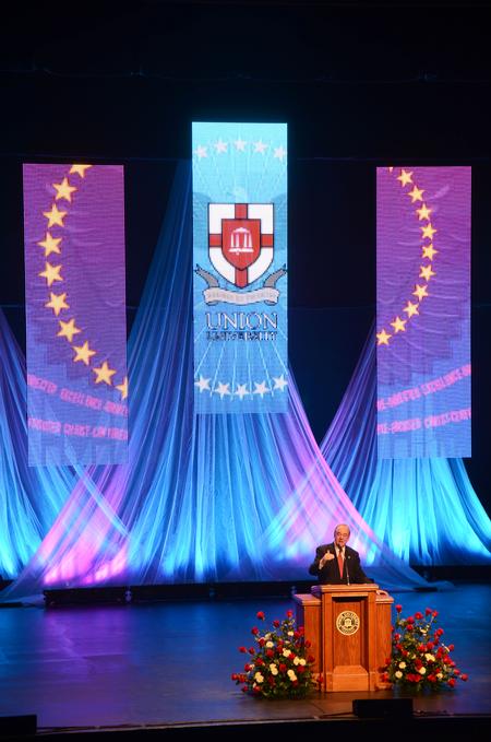 President David S. Dockery describes Union's strong standing and biblical foundations during the 15th Annual Scholarship Banquet at the Carl Perkins Civic Center.   - Photo by Zac Calvert