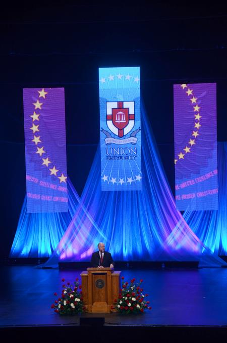 Robert M. Gates, former U.S. secretary of defense, speaks during the 15th Annual Scholarship Banquet at the Carl Perkins Civic Center about political situations and American involvement around the world.  - Photo by Zac Calvert