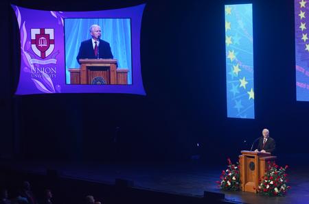 Robert M. Gates, former U.S. secretary of defense, speaks during the 15th Annual Scholarship Banquet at the Carl Perkins Event Center about the current political situation of the country. - Photo by Zac Calvert