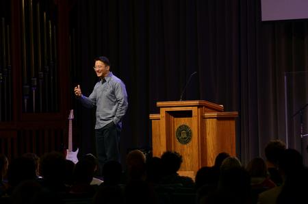Christopher Yuan, author of <em>Out of a Far Country</em>, speaks in chapel.  - Photo by Anne Richoux