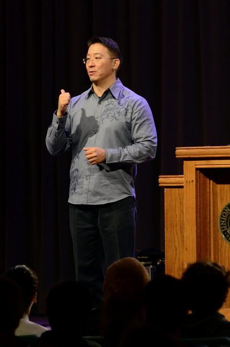 Christopher Yuan, author of <em>Out of a Far Country</em>, shares his testimony with students, faculty, and staff during chapel.  - Photo by Anne Richoux