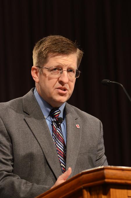 Ray Van Neste, director of the R.C. Ryan Center for Biblical Studies and Professor of Biblical Studies, speaks in chapel. - Photo by Zac Calvert