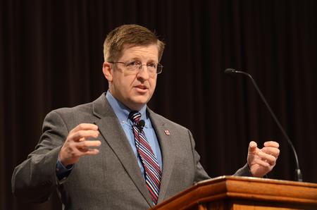 Ray Van Neste, director of the R.C. Ryan Center for Biblical Studies and Professor of Biblical Students, gives the message in chapel. - Photo by Zac Calvert