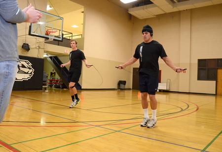 Heath Thompson (right), senior sports medicine major, jumps rope during the Union's Most Fit competition next to Jake Ryan, senior business administration major. - Photo by Jacob Moore