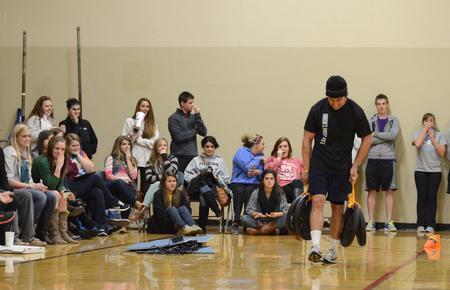 Heath Thompson, senior sports medicine major, competes in the farmer's walk portion of the Union's Most Fit competition. - Photo by Jacob Moore