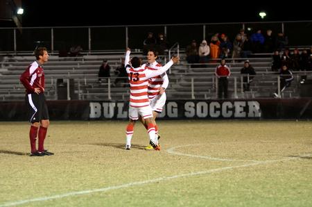 Jamie Fox celebrates with Diego Santos after Santos scored a goal for the Bulldogs during the last home soccer game of the season. Union beat Cumberland University 4-0.  - Photo by Anne Richoux