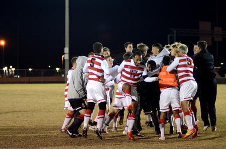The Bulldog soccer team celebrates after winning their last home game of the season 4-0 against Cumberland University. - Photo by Anne Richoux
