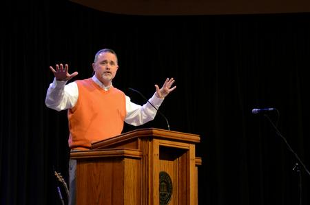 Todd Brady, vice president for church relations, speaks in chapel about the difference between hearing about God and hearing from God.  - Photo by Anne Richoux