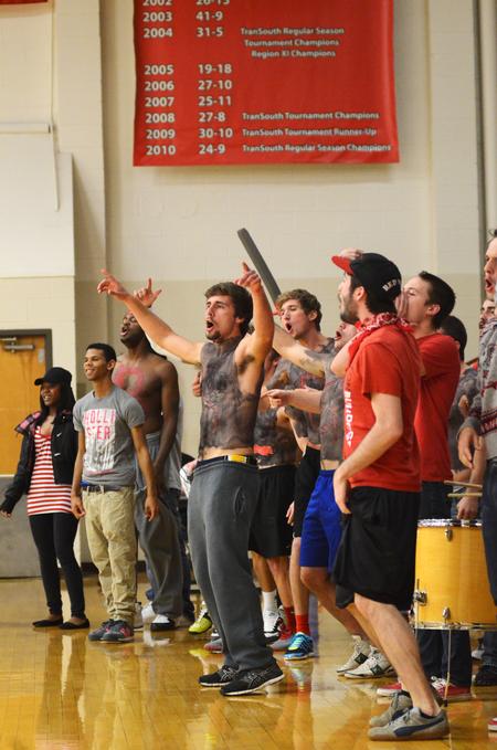 Students cheer as the men's basketball team plays University of West Florida in the Fred DeLay Gymnasium.  - Photo by Zac Calvert