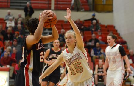 Rebecca Sharpe defends against Valdosa State's Courtney Sprague during Union's first game as a member of the Gulf South Conference. - Photo by Jacob Moore