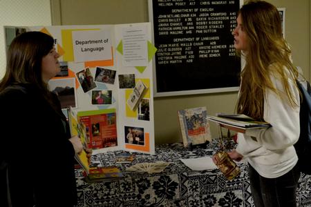 Students discuss different study abroad options during the external study fair.  - Photo by Olivia Wallace