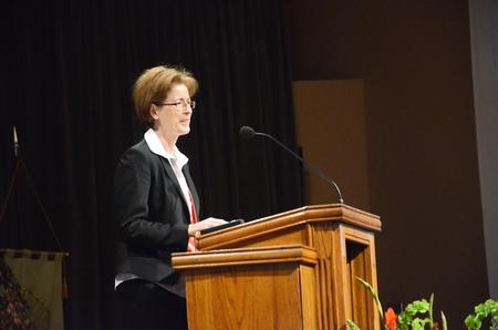 Cynthia P. Jayne, associate provost for intercultural and international studies, gives the address at the Founders' Day chapel. - Photo by Matt McDaniel
