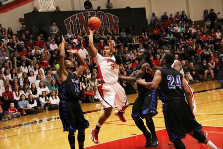 Freshman Bulldog Roy Bullock goes up for a shot in the homecoming game against the Shorter University Hawks. - Photo by Matt McDaniel