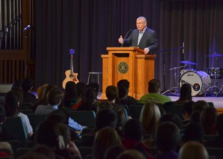 Rick White of the People's Church speaks in chapel. - Photo by Morris Abernathy