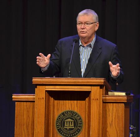 Friend of Union University Rick White of the People's Church speaks in chapel. - Photo by Morris Abernathy