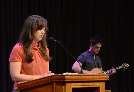 Joy Moore, director of Barefoots Joe and 2013 GO Trip leader, reads scripture during chapel. - Photo by Jacob Moore