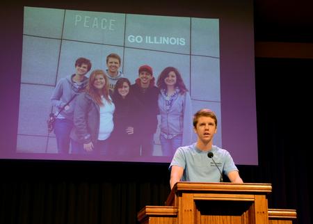 Joseph Smith, freshman business administration major, talks during chapel about his team's experiences on the Illinois GO Trip. - Photo by Jacob Moore