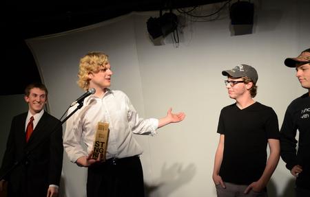 Daniel Poore, sophomore media communications major and director of "Death Trap," thanks his cast and crew after winning Best Long Form Film at the Student Film Festival.
 - Photo by Jacob Moore