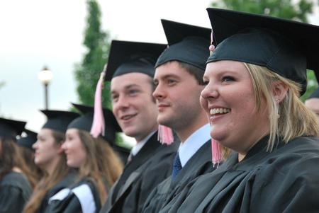 Music graduates Chelsea Jones, Jeremy Isbell and Greg Hines wait to receive their diplomas at Spring Graduation on the Great Lawn.  - Photo by Anne Richoux