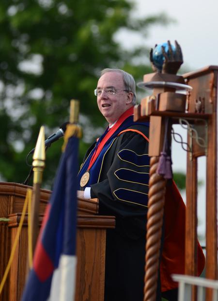 David S. Dockery, president of the university, welcomes the largest graduation crowd in Union's history on the Great Lawn during the 188th Spring Graduation. - Photo by Jacob Moore