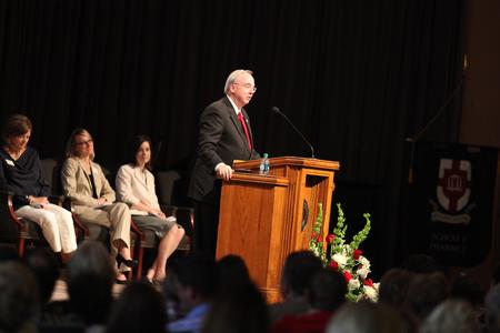David S. Dockery, president of the university, speaks to new pharmacy students about how important the profession is during the annual white coat ceremony.  - Photo by Kristi McMurry Woody
