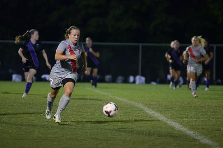 Lady Bulldog Dionna Linn attacks the ball during a game against Trevecca Nazarene University, which Union won 1-0. - Photo by Anne Richoux
