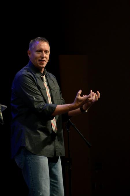 Vance Pittman, senior pastor of Hope Church in Las Vegas, Nev., talks to students about the number of people in the world who have no access to scripture.  - Photo by Anne Richoux