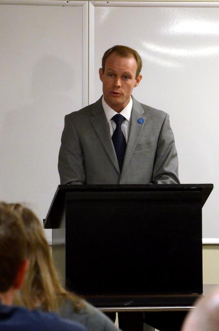 Adam Mcleod, associate professor of law at Faulkner Univ., speaks to students about constitutional law during the Constitution Day Lecture, sponsored by the department of political science and the center for politics and religion.  - Photo by Anne Richoux