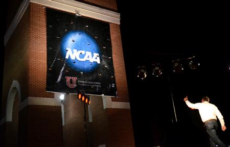 The NCAA logo is unfurled from Miller Tower during Union Night. - Photo by Amanda Rohde