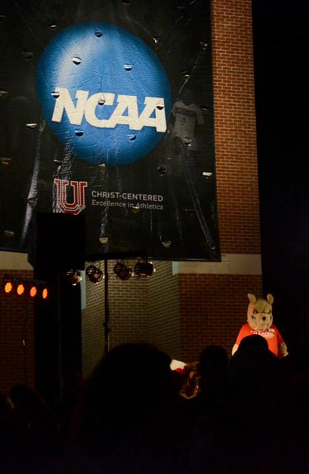 Buster the Bulldog cheers with the crowd when the NCAA logo is revealed at Union Night. - Photo by Amanda Rohde