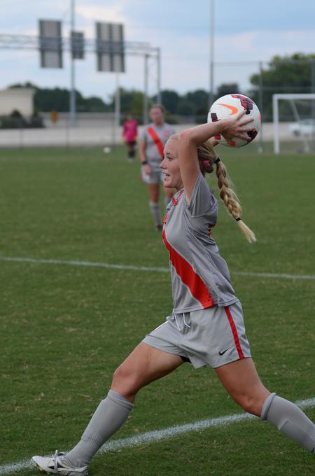 Lady Bulldog Morgan Ballek throws the ball to a teammate during the  women's JV soccer game against Asbury University.  - Photo by Anne Richoux