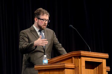 Taylor Worley, assistant vice president for university ministries, speaks in chapel. - Photo by Amanda Rohde