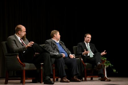 Andrew Walker, director of policy studies for the Southern Baptist Ethics & Religious Liberty Commission, speaks in chapel as a part of a religious liberty panel. Also pictured are other panel participants, Micah Watson, director of the Center for Politics and Religion and associate professor of political science and Ben Mitchell, Graves Professor of Moral Philosophy. - Photo by Anne Richoux