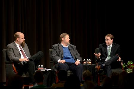 Andrew Walker (right), director of policy studies for the Southern Baptist Ethics & Religious Liberty Commission, speaks alongside Micah Watson, director of the Center for Politics and Religion and associate professor of political science, and Ben Mitchell, Graves Professor of Moral Philosophy, as a part of a panel on religious liberty in chapel.  - Photo by Anne Richoux