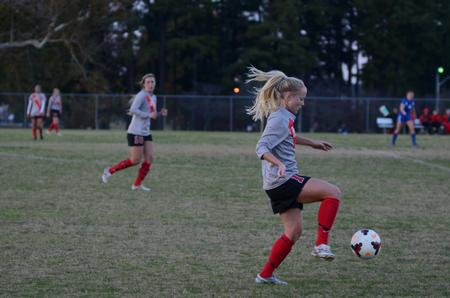 Lady Bulldog Morgan Ballek dribbles the ball down the field during a game against University of Alabama-Huntsville at the Smith Memorial Soccer Complex.  - Photo by Anne Richoux