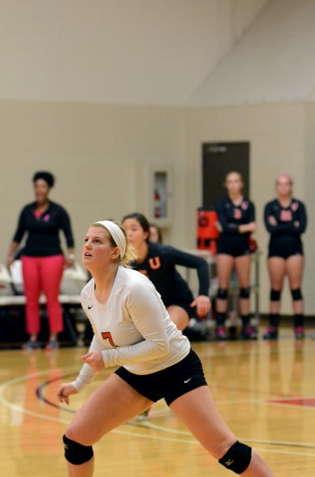 Lady Bulldog Elise Seufert prepares for the ball to be sent back over the net. Union won against Trevecca Nazarene University 3-2.  - Photo by Anne Richoux
