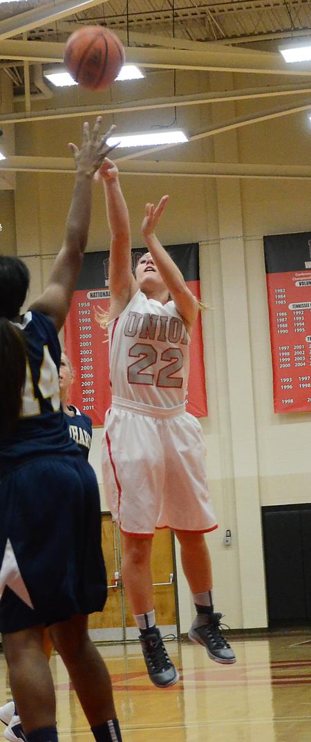 Amy Philamlee, junior sports medicine major, takes a shot over the defender during the home opener against the Reinhardt University Lady Eagles. - Photo by Matt McDaniel