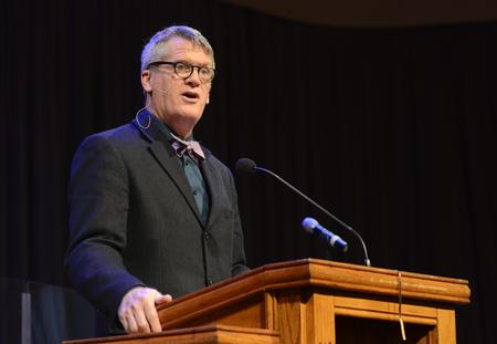 Paul Jackson, director of Biblical studies, speaks in chapel on "The Fast That Feeds." - Photo by Jacob Moore