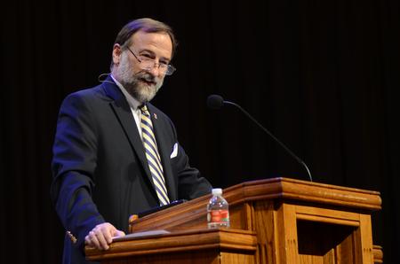 Hal Poe, Charles Colson professor of faith and culture, speaks about the legacy of C.S. Lewis during chapel. - Photo by Matt McDaniel